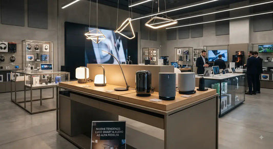 Nuove tendenze nel negozio di elettronica: facendo luce con lampade a LED e speaker all'avanguardia