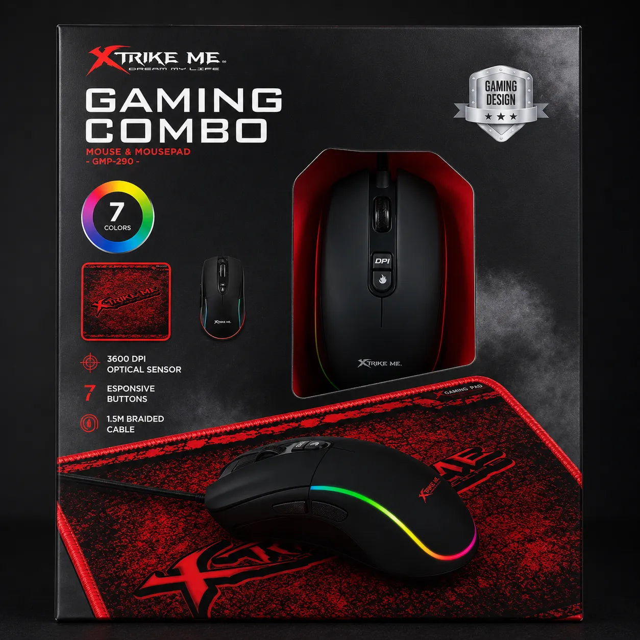Mouse Gaming XTRIKE ME GMP-290 RGB LED 3600 DPI 7 Tasti USB con Tappetino Incluso per PC