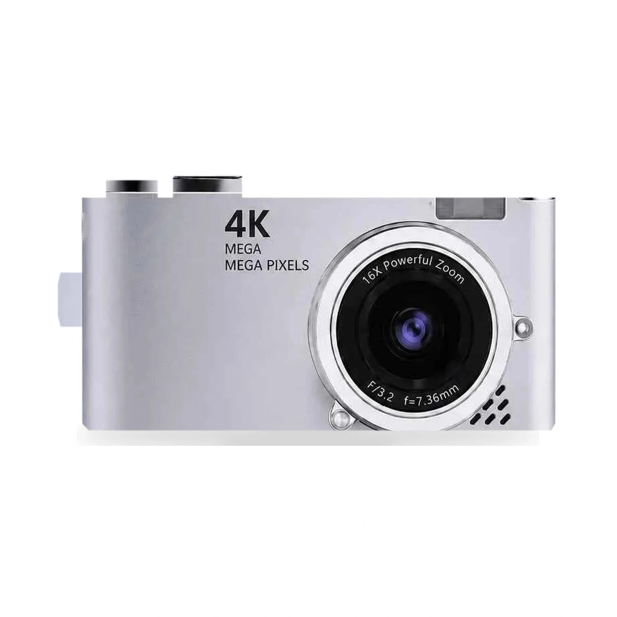 Fotocamera digitale 4K LK-007 48MP corpo macchina argento isolato su sfondo bianco