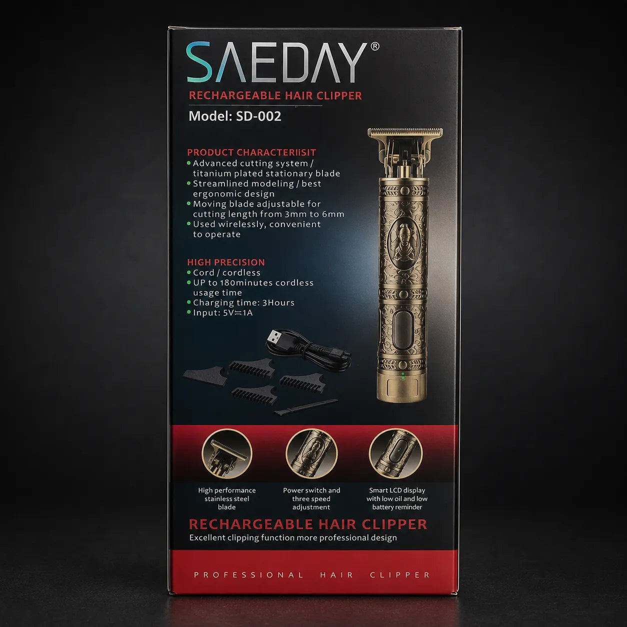 Tagliacapelli Professionale SAEDAY SD-002 USB Ricaricabile Lama a T per Barba e Capelli